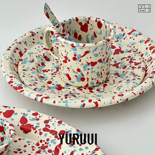 [YURUUI设计师]美国Crow Canyon泼墨搪瓷红蓝气泡餐盘马克杯勺