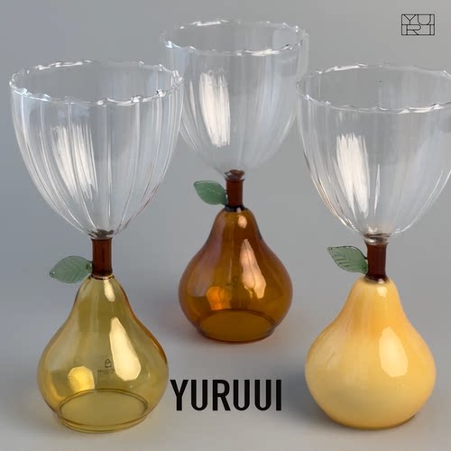 [YURUUI设计师]意大利进口高硼硅玻璃耐热鸭梨苹果高脚玻璃杯托盘