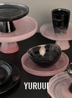 [YURUUI设计师]土耳其进口黑粉雪花石Alabaster云雾玻璃餐盘碗套