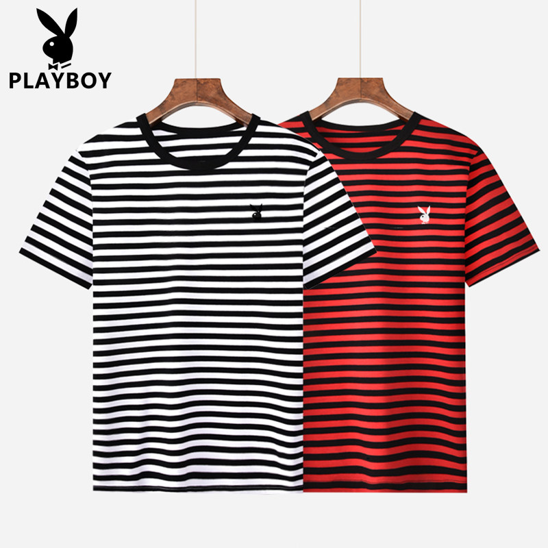 PLAYBOY/花花公子条纹短袖T恤男圆领休闲百搭海魂衫大码海军衫图片