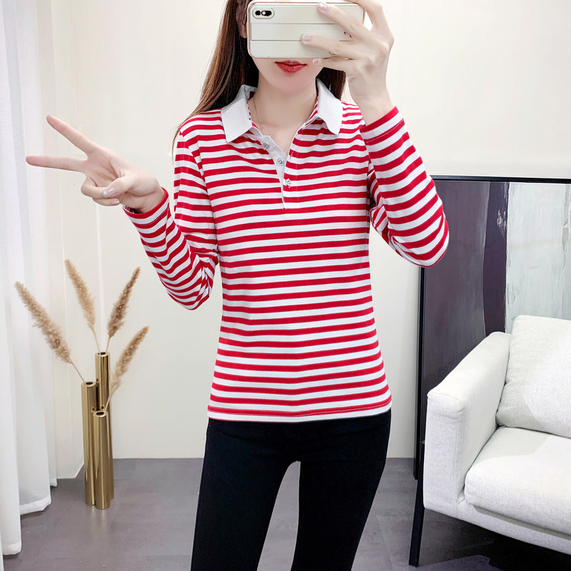 春秋修身条纹纯棉长袖POLO衫女