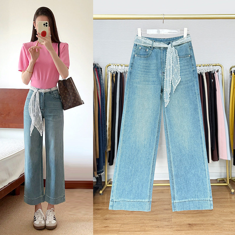 女款蕾丝腰牛仔裤夏季窄版显瘦花边腰带浅色小个子显高九分直筒裤