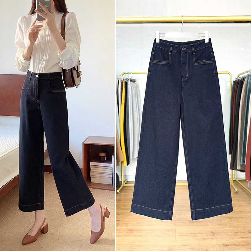 女直筒牛仔裤高腰2025春季复古深蓝防褪色九分小个子窄版阔腿裤潮
