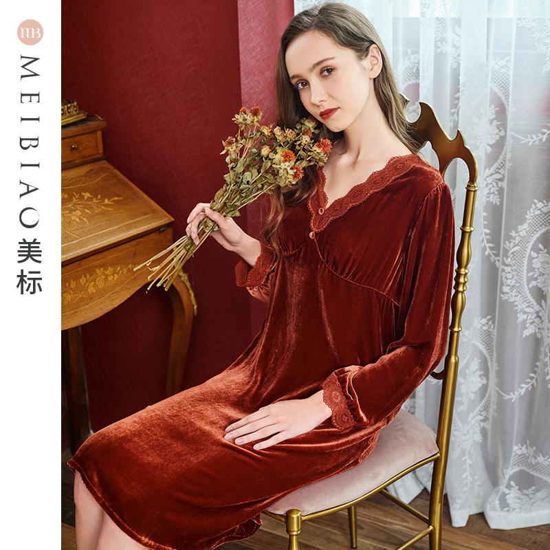 美标金丝绒春秋复古风刺绣睡裙女