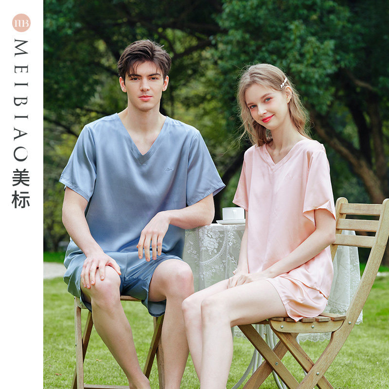 美标情侣重磅真丝睡衣男短袖短裤套装新款桑蚕丝绸简约家居服夏季