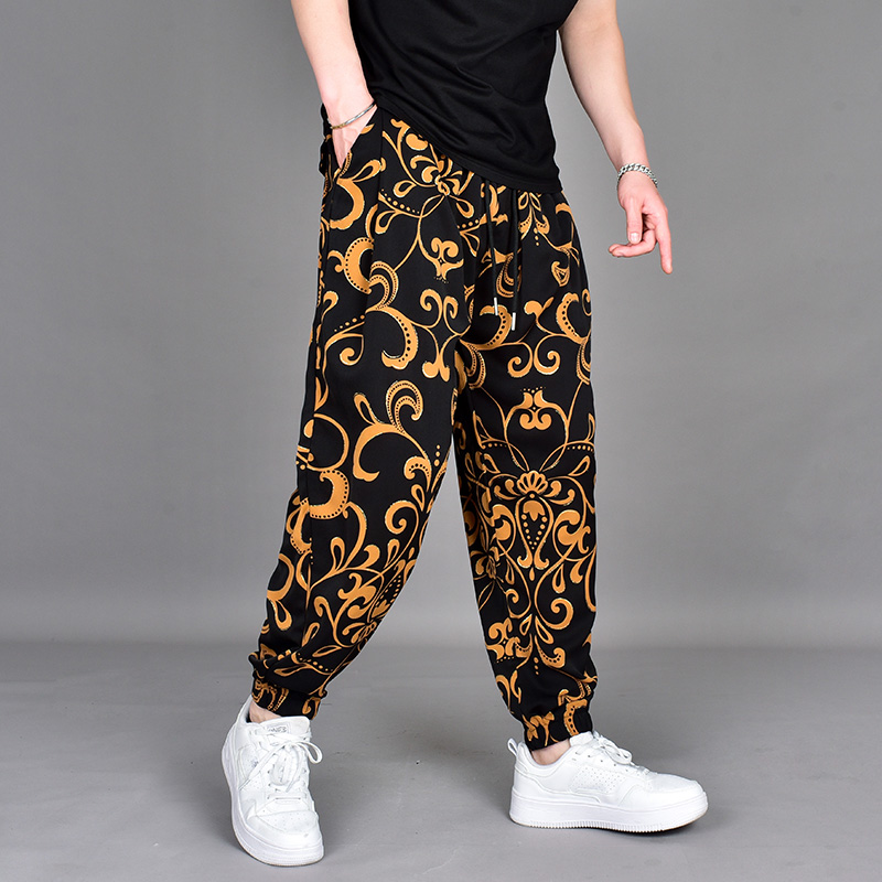 夏季冰丝垂感印花金色花纹休闲九分裤男暗黑系宽松个性束脚哈伦裤