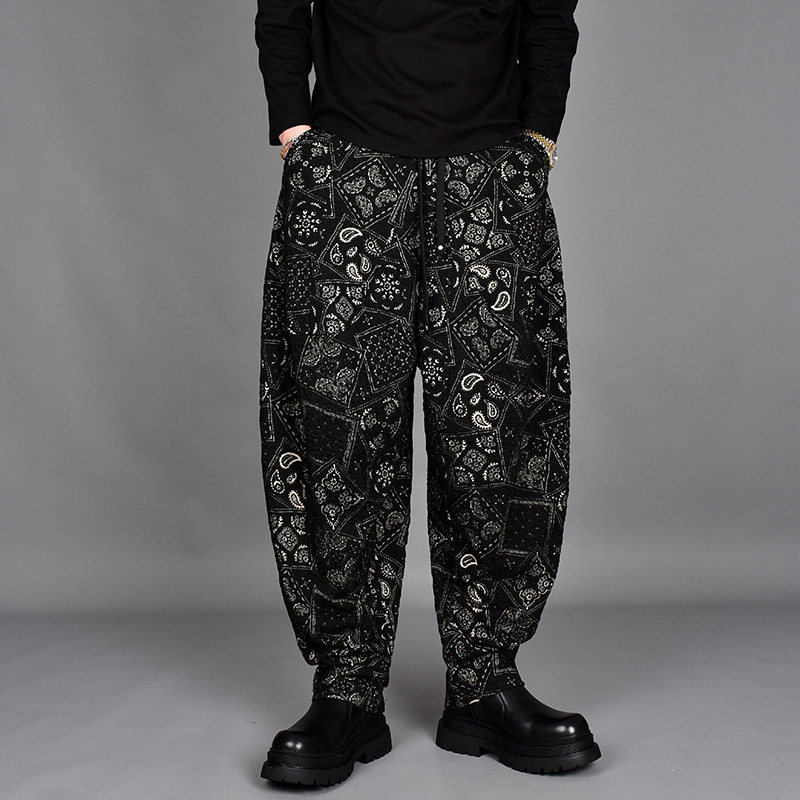 2025冬季加厚潮牌民族风印花垂感小脚休闲裤男暗黑宽松大码哈伦裤