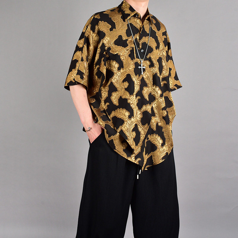 夏季暗黑系高级感五分袖衬衫男潮牌日系金色提花痞帅宽松休闲衬衣