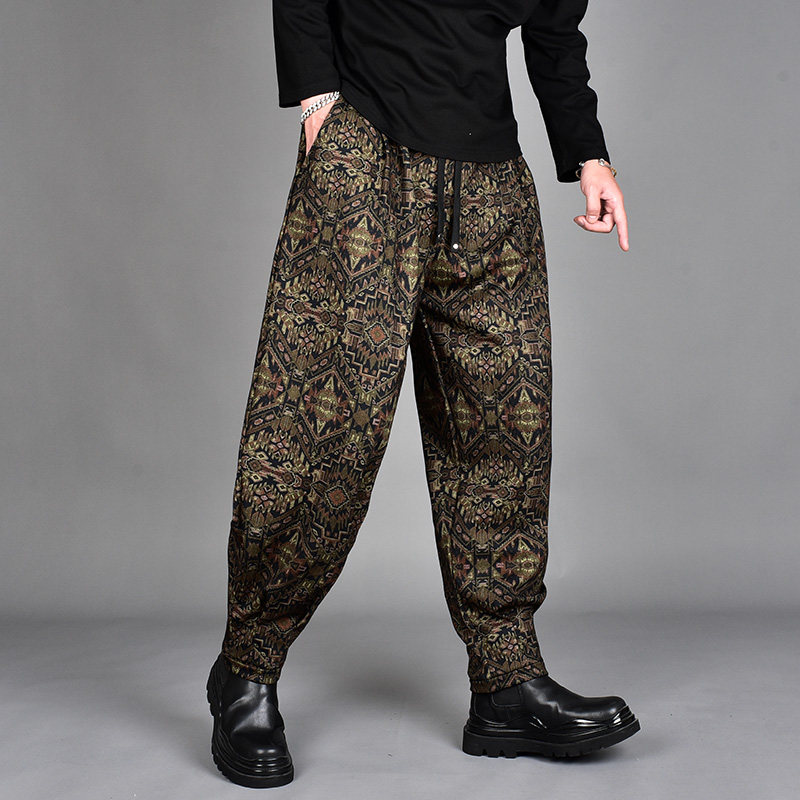 2026春季潮牌金色印花宽松大码休闲裤男暗黑系潮流垂感束脚哈伦裤