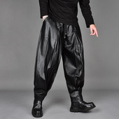 束脚休闲哈伦裤 秋冬新款 宽松大码 暗黑个性 潮牌男发型师亮面PU皮裤