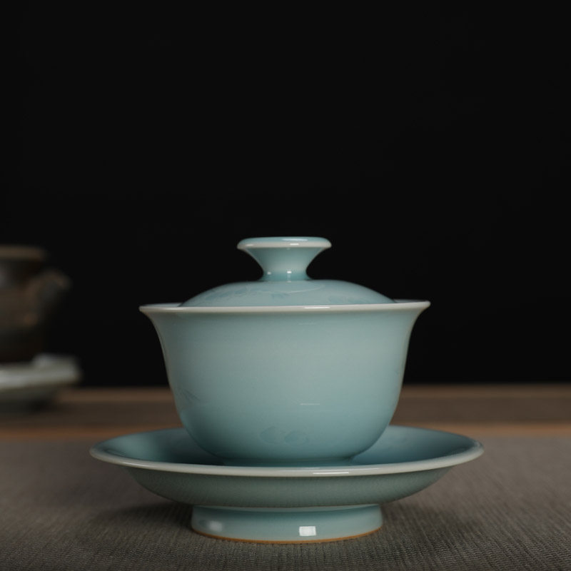 龙泉周连福手工青瓷弟窑粉青盖碗刻花茶杯陶瓷功夫茶具泡茶器三才