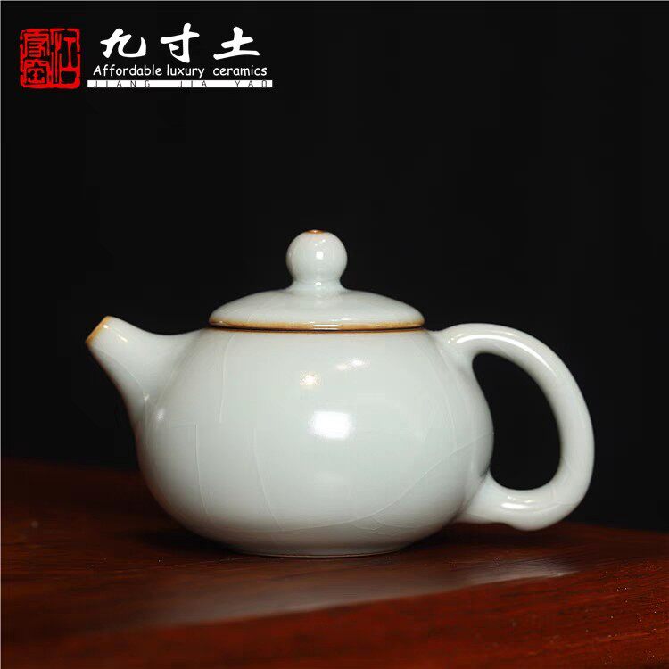 九寸土天青西施壶汝窑全手工陶瓷侧把壶单壶开片可养茶具泡茶茶壶