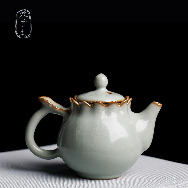 九寸土天青莲花壶陶瓷汝窑复古泡茶茶壶冰裂手工开片金丝手抓单壶