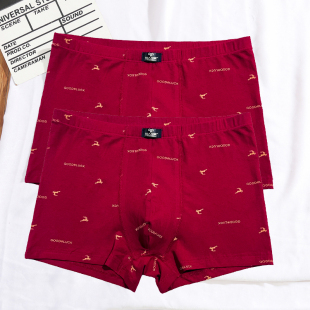 本命年酒红色平角裤 内裤 弹力棉印花四角裤 大码 头 新款 结婚短裤 男士