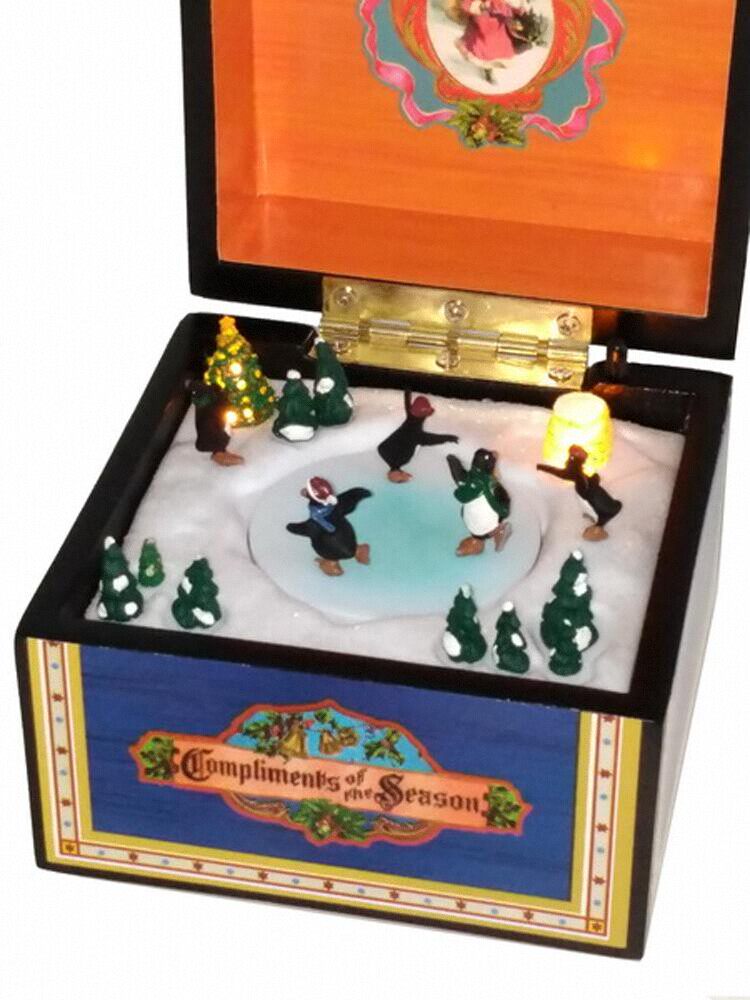 MR.CHRISTMAS LIGHTING ANTIQUE ROTATING WOOD EUROPEAN PENGUIN MUSIC BOX CHRISTMAS NEW YEAR GIFT