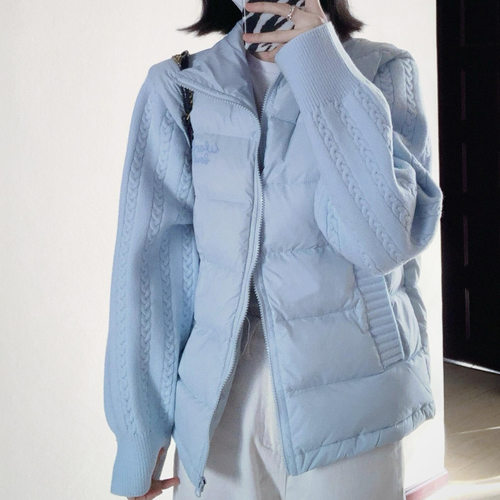 韩版温柔风蓝色麻花针织拼接设计棉服设计感字母刺绣薄款棉衣外套