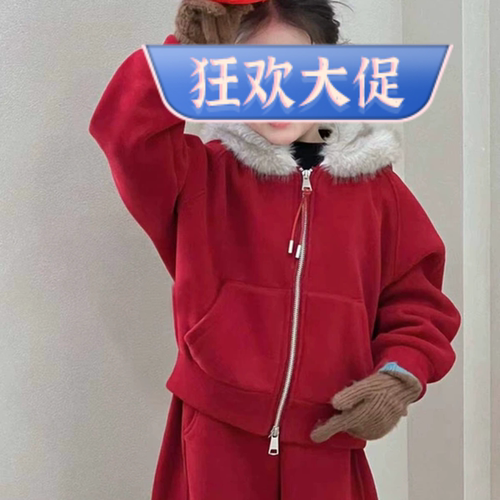 轻奢女童大人/亲子秋冬2025新款毛领宽松连帽加绒百搭加绒两件套
