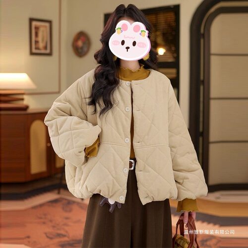 菱格圆领棉服女2025冬季新款韩系纯色宽松显瘦加厚保暖棉衣外套