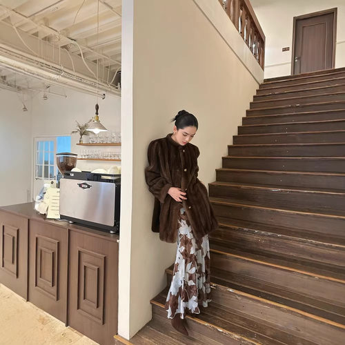 2025年冬季中古风仿水貂毛毛大衣女中长款复古咖色皮草外套