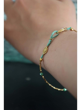 法式优雅度假编制湖水绿锆石手链不掉色精致编织款细腻