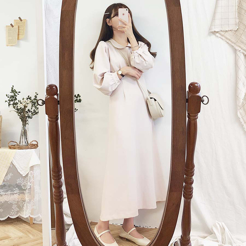 清仓 复古减龄少女系 甜美娃娃领 纯色修身中长款连衣裙气质长裙