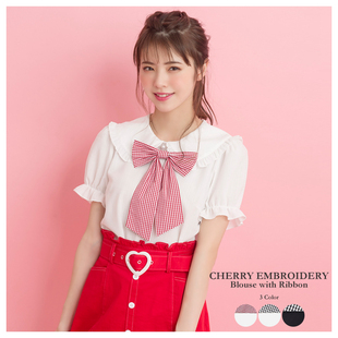 特价 SC 小樱桃刺绣 弧形荷叶海军领 格纹蝴蝶结 春夏短袖衬衫