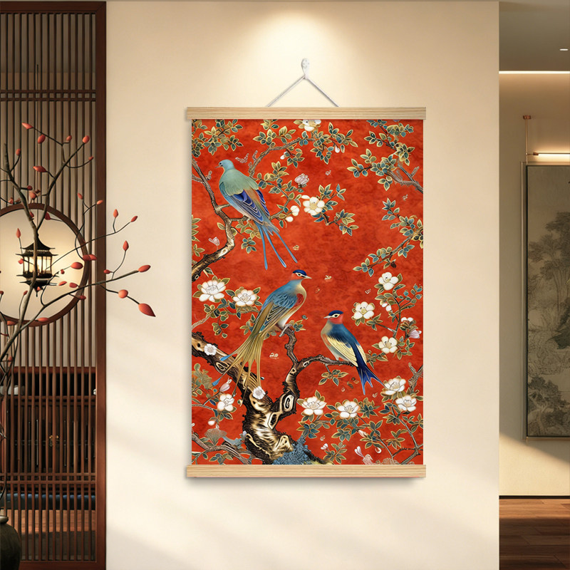 客厅沙发背景装饰画寓意好玄关入户小众画喜上枝头新中式花鸟挂画