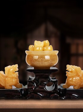 米黄玉貔貅聚宝盆摆件一对玉石家居客厅桌面玄关酒柜吉祥工艺礼品