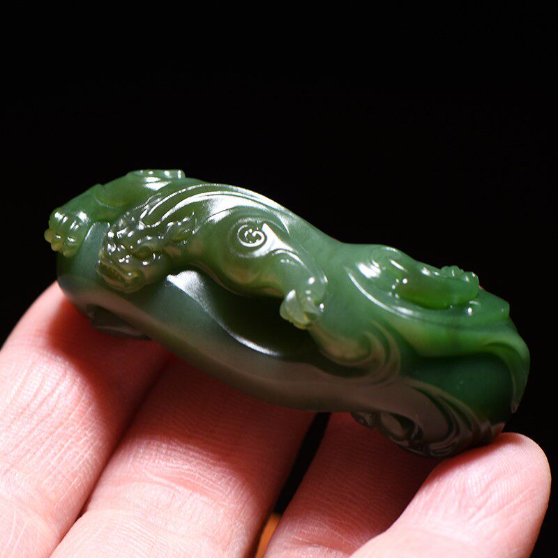 缘鼎玉器 天然和田玉吊坠俄料碧玉鸭蛋青螭龙佩玉石挂件带证书