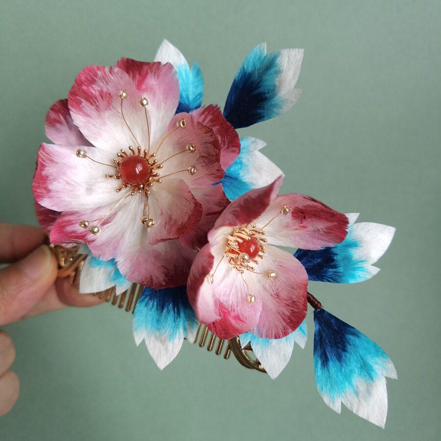 非遗蚕丝掐丝绒花牡丹发梳汉服旗袍配饰日常百搭古风步摇发簪耳环