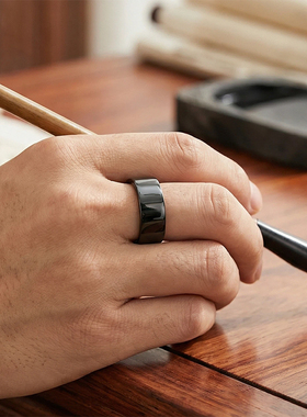 缘鼎玉器新疆天然和田玉戒指墨玉黑羊脂玉石男女方戒一细指环