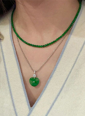 天然俄罗斯和田碧玉4mm小米珠项链锁骨链正阳绿菠菜绿显白小清新
