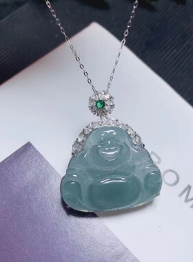 天然蓝水翡翠危料佛公吊坠925银镶弥勒佛玉石挂坠带证书直播货源