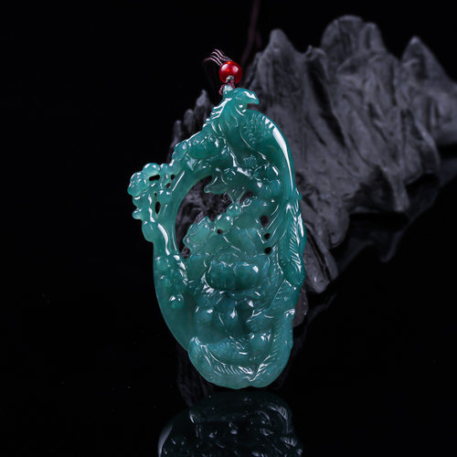 天然A货翡翠镂空雕刻花鸟牌花开富贵吊坠挂件玉佩精美玉石工厂