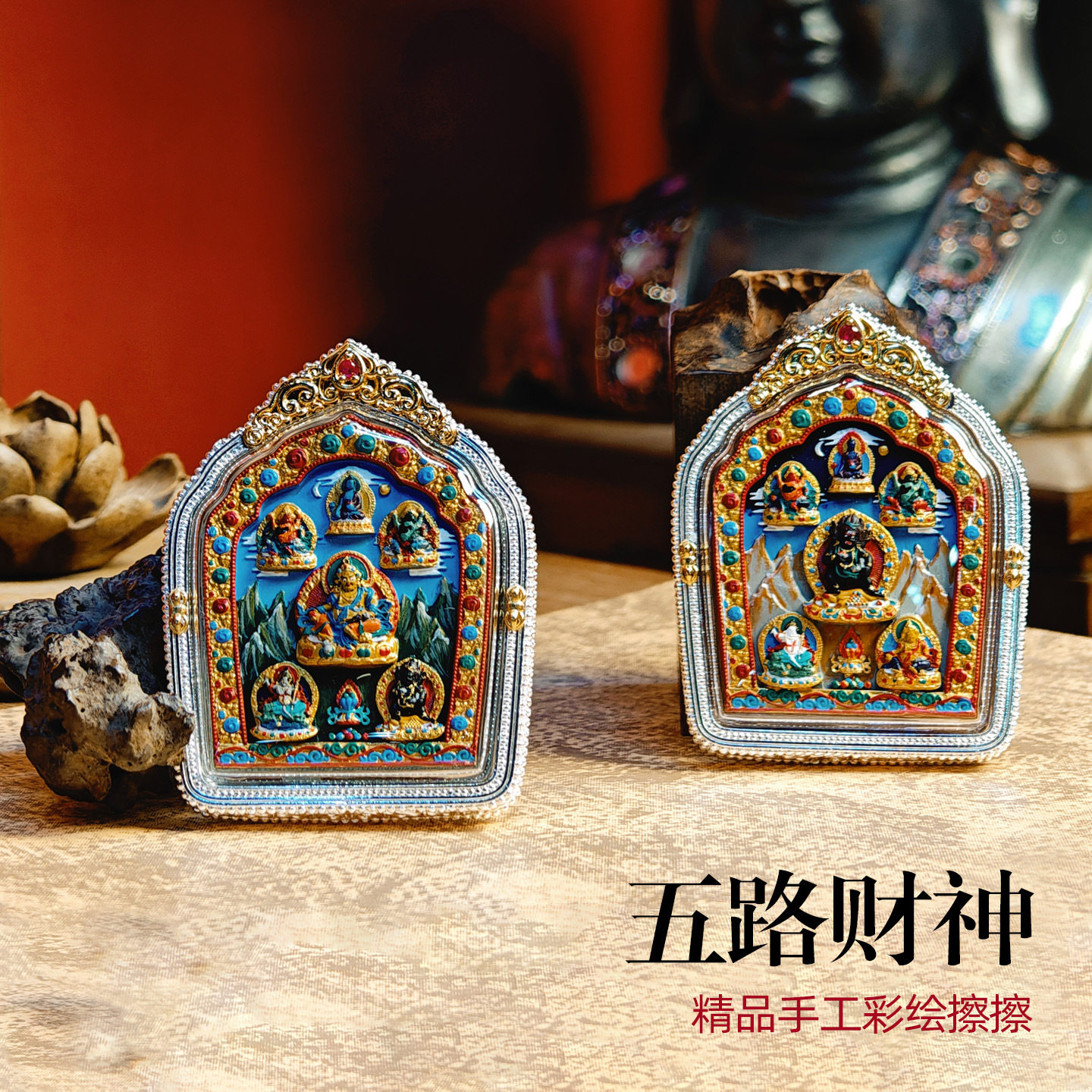 黑财神黄财神面藏银手绘擦擦唐卡西藏立体彩绘嘎乌盒吊坠十相自在
