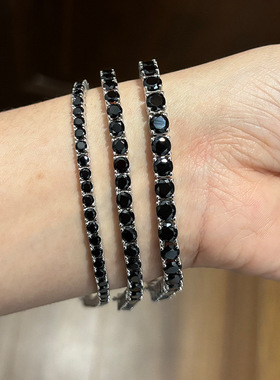 黑色锆石手链单排925银满钻网球链嘻哈潮流大方简约气质百搭手饰