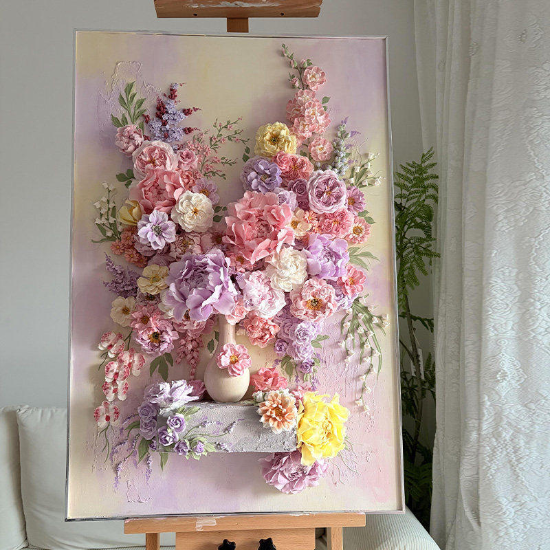 多巴胺奶油风卧室客厅挂画清新治愈系浮雕感花卉少女心房间装饰画