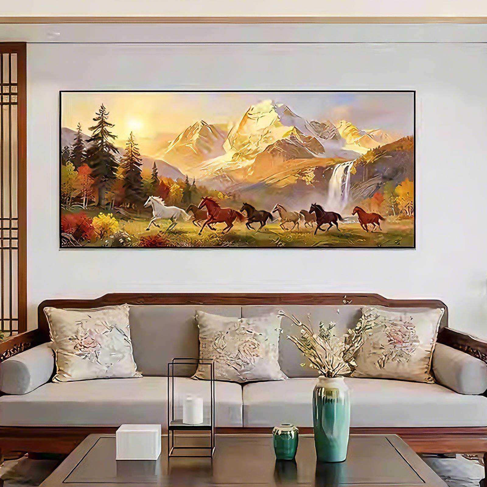 《万马奔腾》八骏图马群山川瀑布客厅装饰画中式沙发背景书房挂画