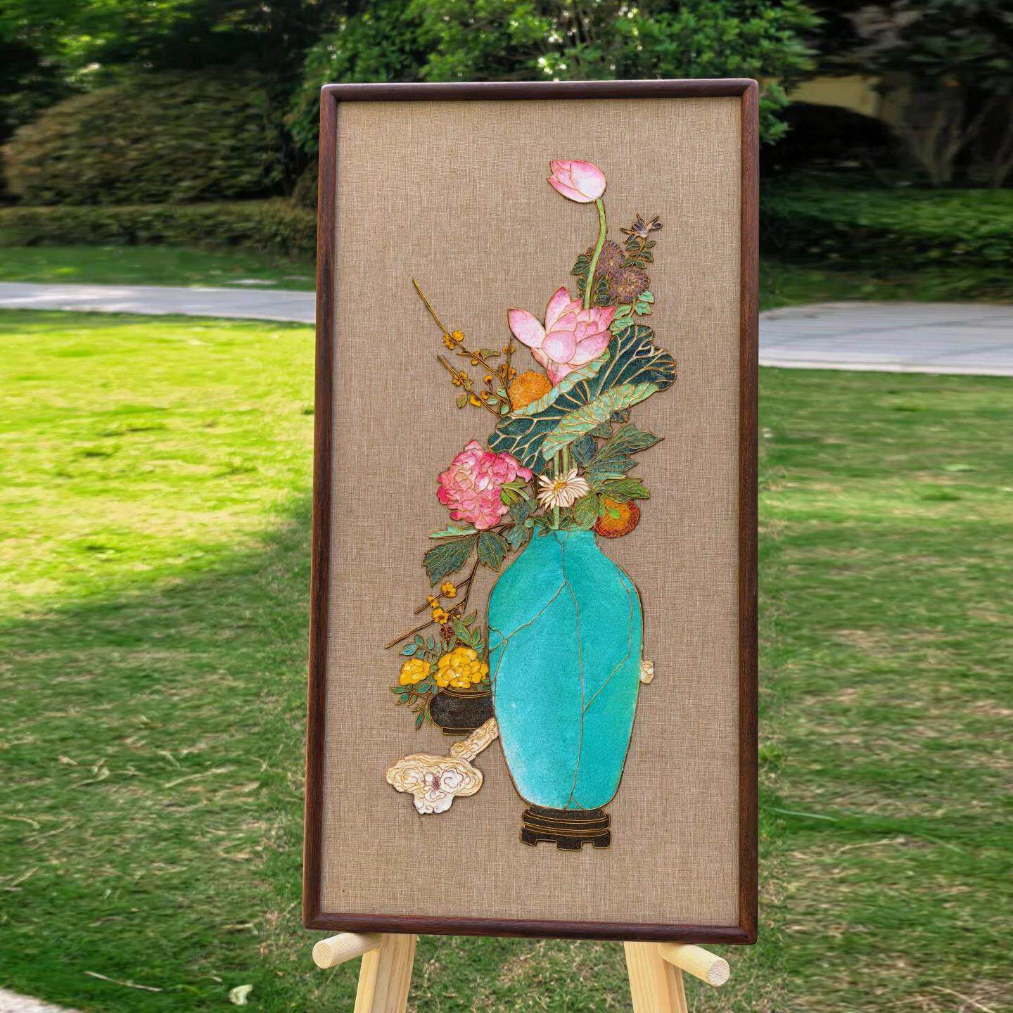 新中式掐丝珐琅风宝瓶花卉装饰画过道玄关竖版挂画国风禅意挂壁画