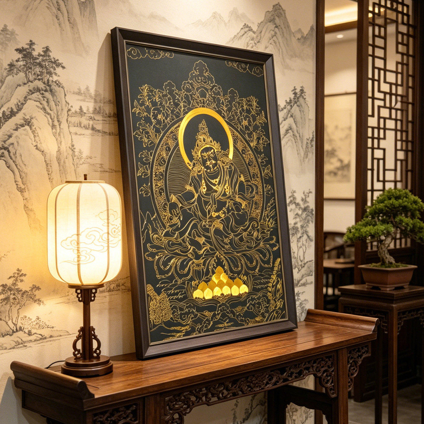 藏式黑金描金黄财神唐卡书房挂画新中式佛堂玄关竖版招财装饰画