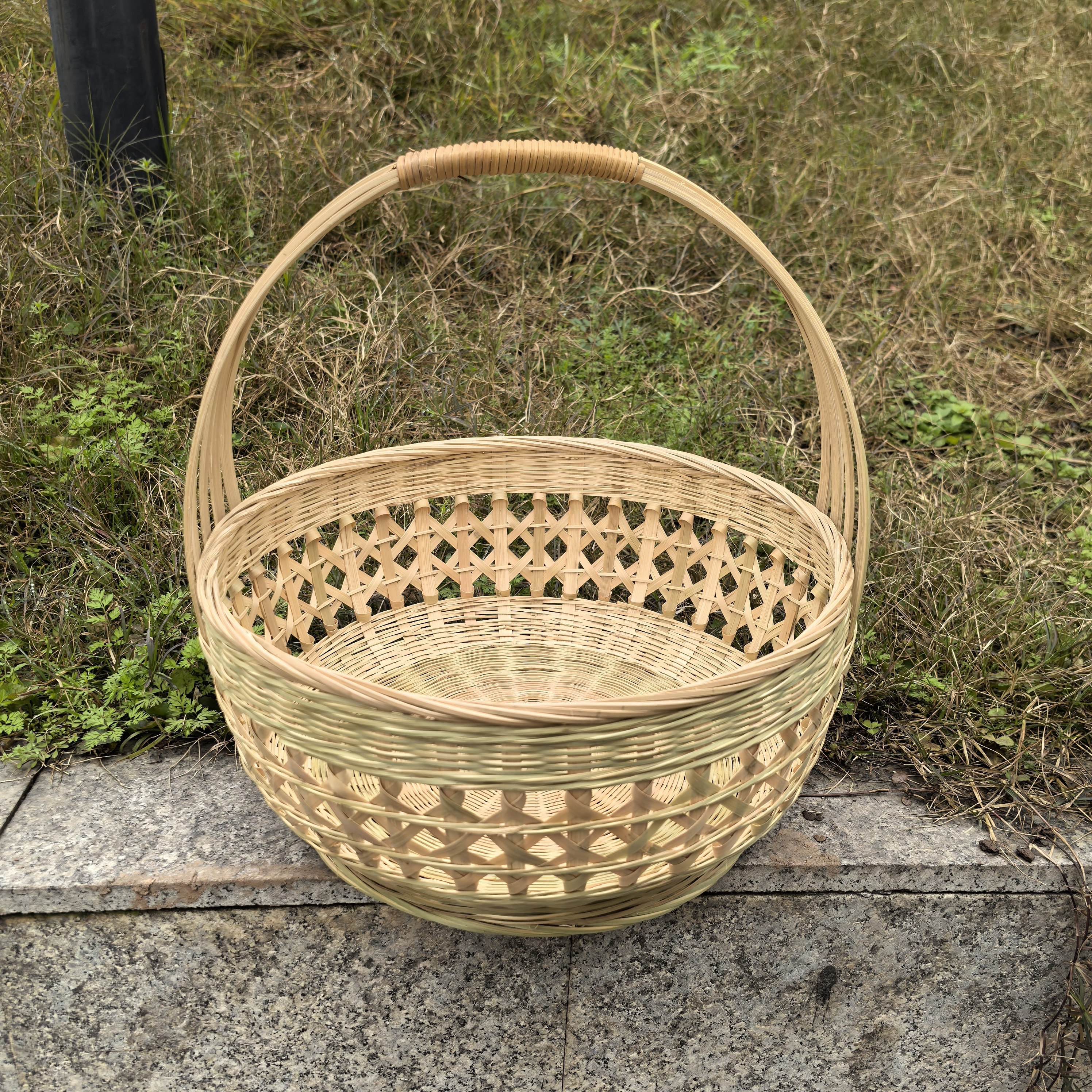 镂空竹编手提篮收纳竹筐购物采摘买菜篮茶叶竹篓挂篮圆形鸡蛋篮