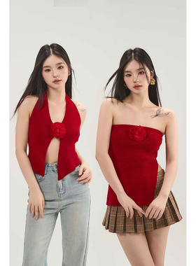 Dec Gals心动红颜 新款红色针织吊带女夏性感甜辣抹胸设计感上衣