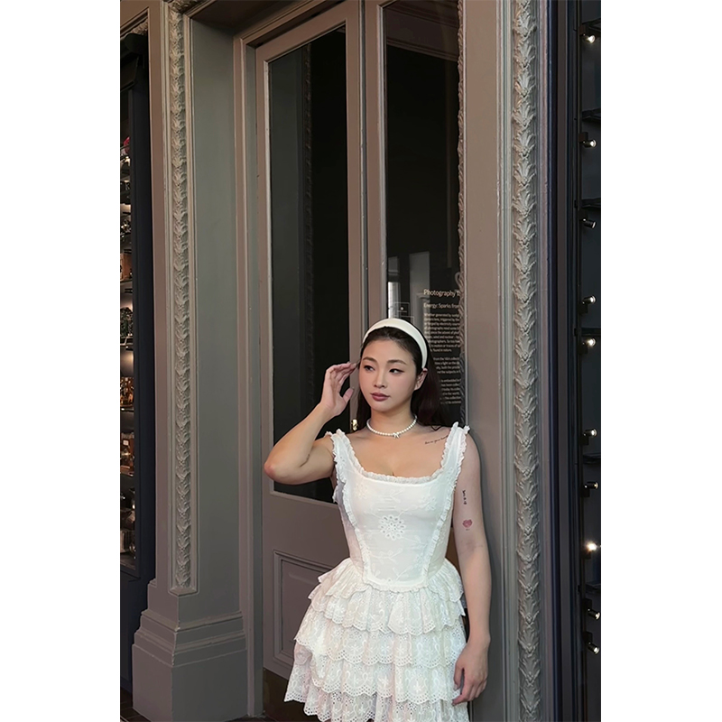 DecGals白色无袖白色蕾丝连衣裙