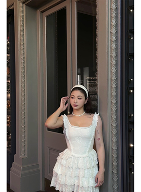 Dec Gals奶油蕾丝CAKE法式白色荷叶边连衣裙女夏季收腰吊带短裙子