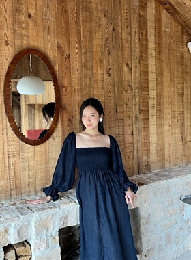 Dec Gals定制 亚麻泡泡袖连衣裙女夏季新款高腰通勤方领长袖裙子