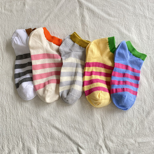 【好心情】撞色条纹纯棉女士短袜 对目无骨 多巴安色休闲低帮船袜