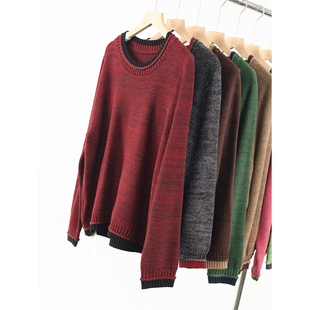 早春新款撞色圆领针织衫女宽松百搭显瘦减龄棉线毛衣针织套头外套