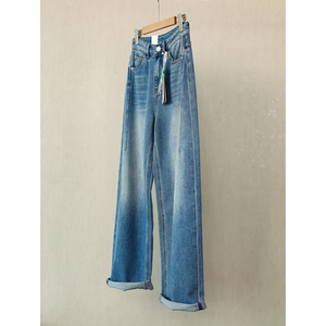 复古牛仔裤女士微弹棉质高腰显瘦宽松浅蓝色休闲长裤春季新款女装