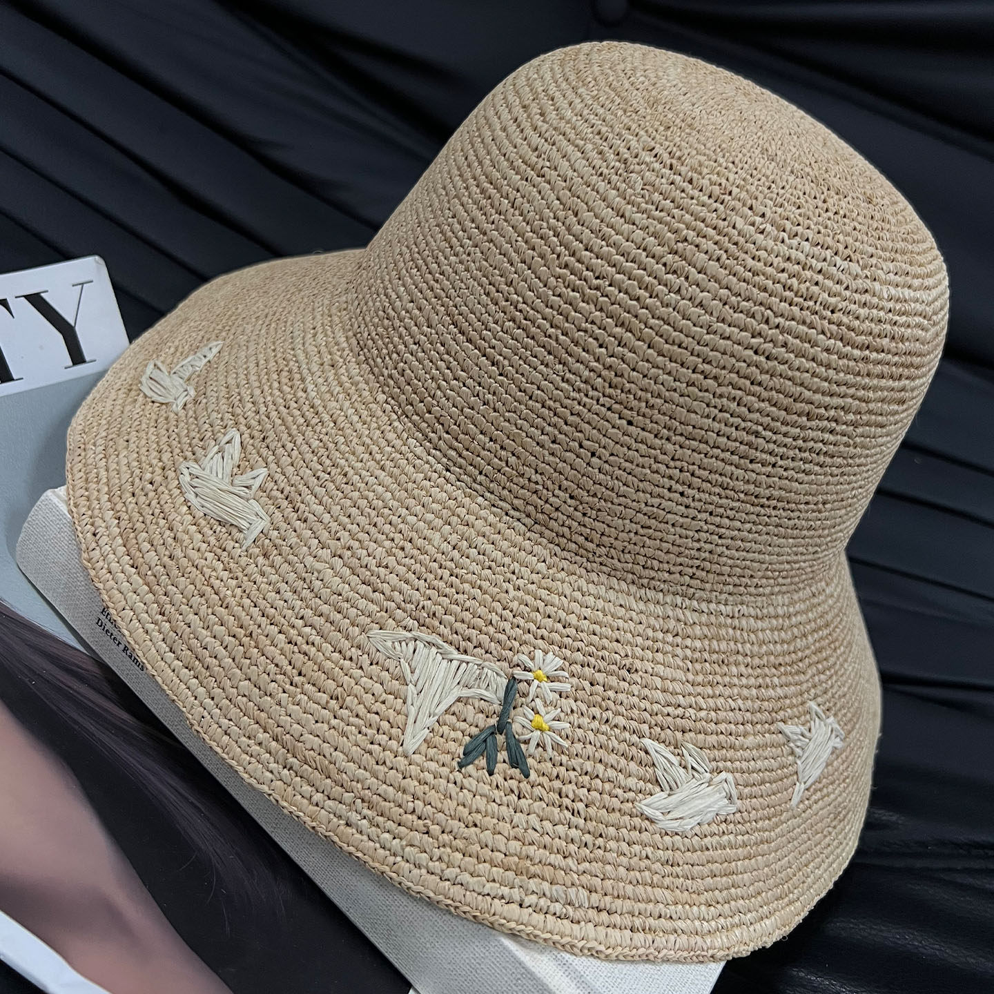 拉菲草和平鸽图案渔夫帽女夏季大帽檐可折叠度假海边遮阳防晒草帽