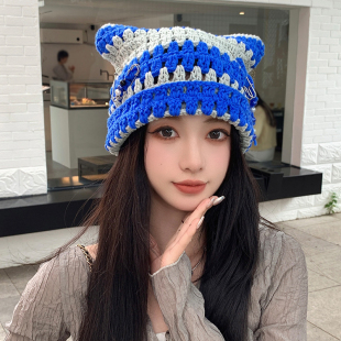 甜酷少女可爱猫耳针织帽女ins潮别针链条街头休闲条纹保暖套头帽